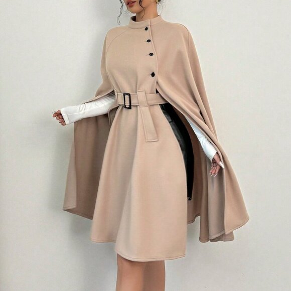 Khaki Elegant Women's Casual Cape Sleeve Button Decor Wool Blend Jacket - Picture 3 of 6